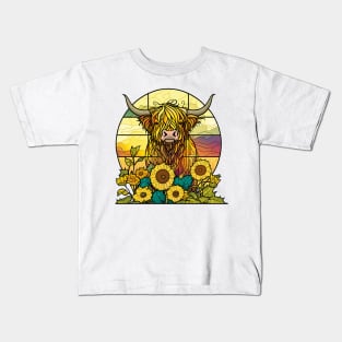 Sunflower Stained Glass Highland Cow #8 Kids T-Shirt